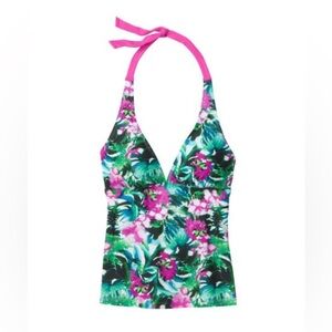 Athleta Women's Halter Tankini Swim Top XS Tie Neck Lined V-Neck Tropical Print